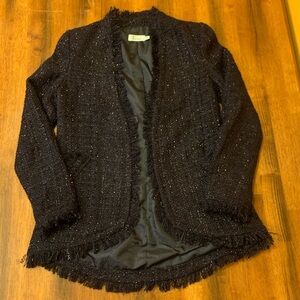 Italiagogo Blazer Small Navy Blue Jacket Metallic Tweed Fringe Trim Collarless